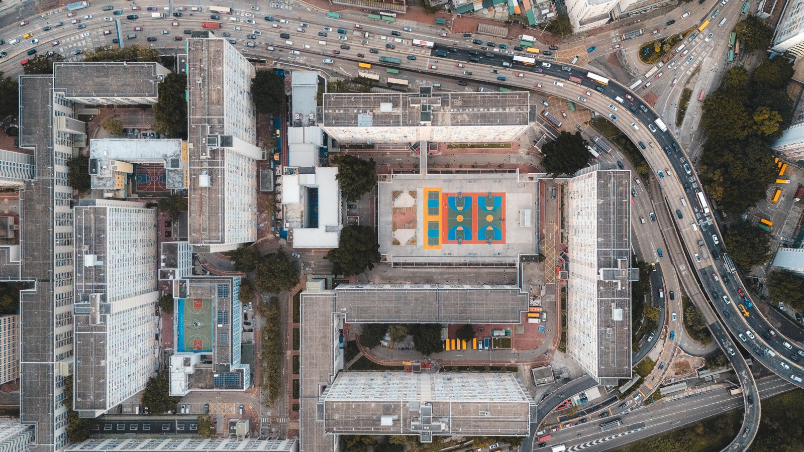 Suburban interchange and commercial development from above