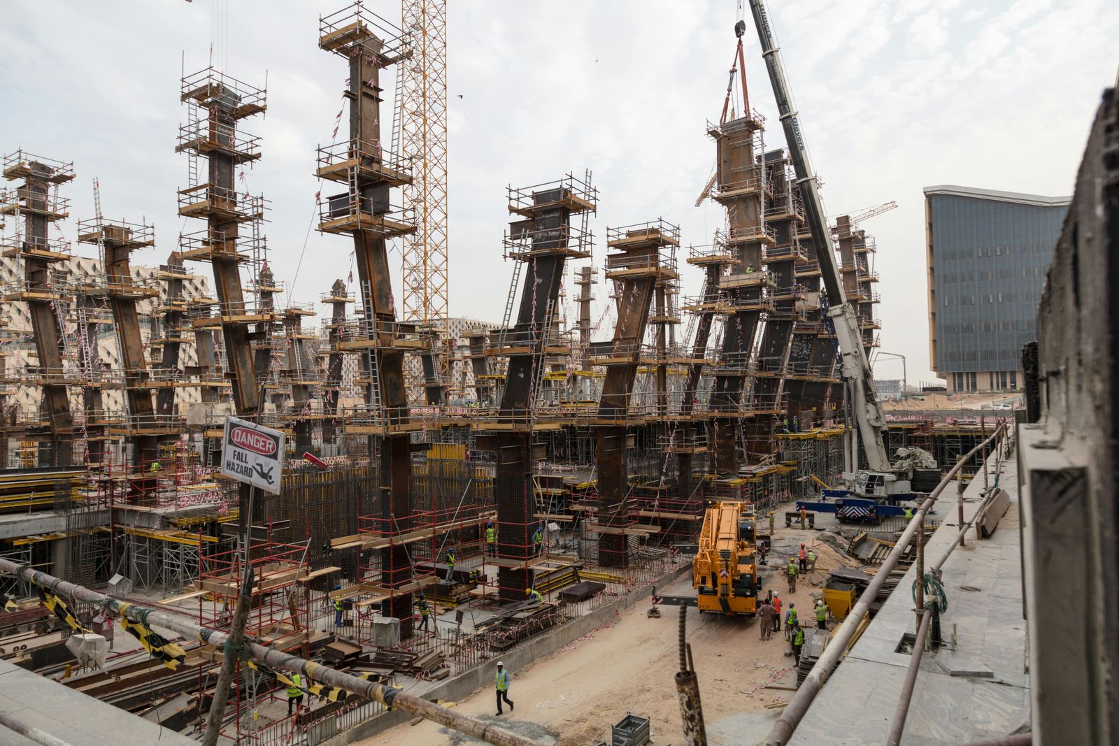 Industrial building under construction with steel frame