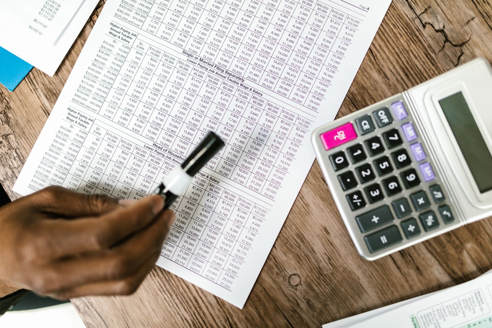 Calculator, lease documents and a pen on a desk